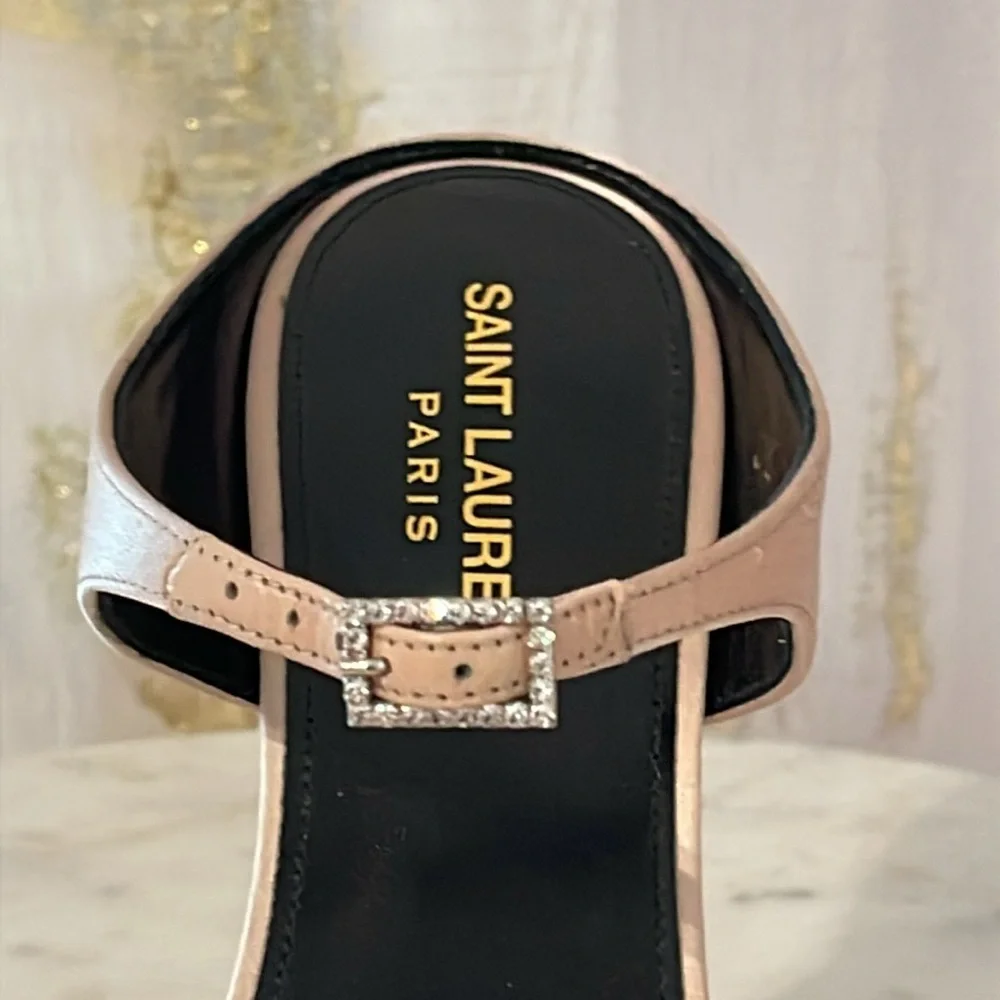 Saint Laurent Women's Tan Heels with Black Rose Detail - Picture 7 of 10
